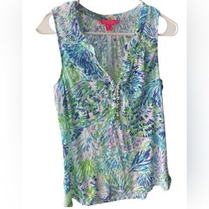 Lilly Pulitzer Essie Tank Top Shell of a Party Blue Size M Sleeveless Printed